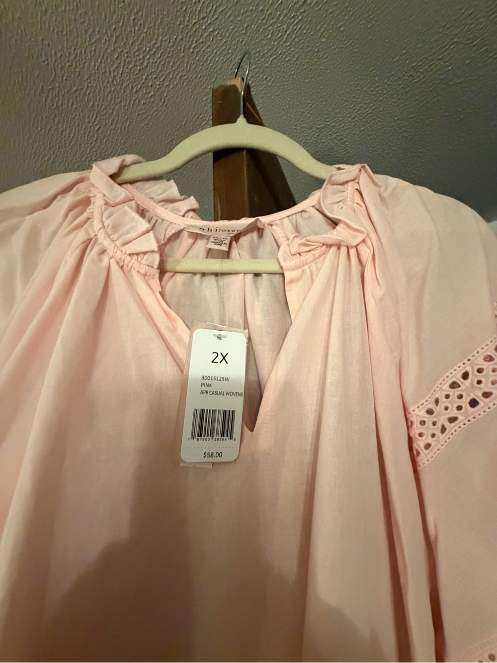 Philosophy Light Pink Peasant Blouse with Eyelet Trim - 2X